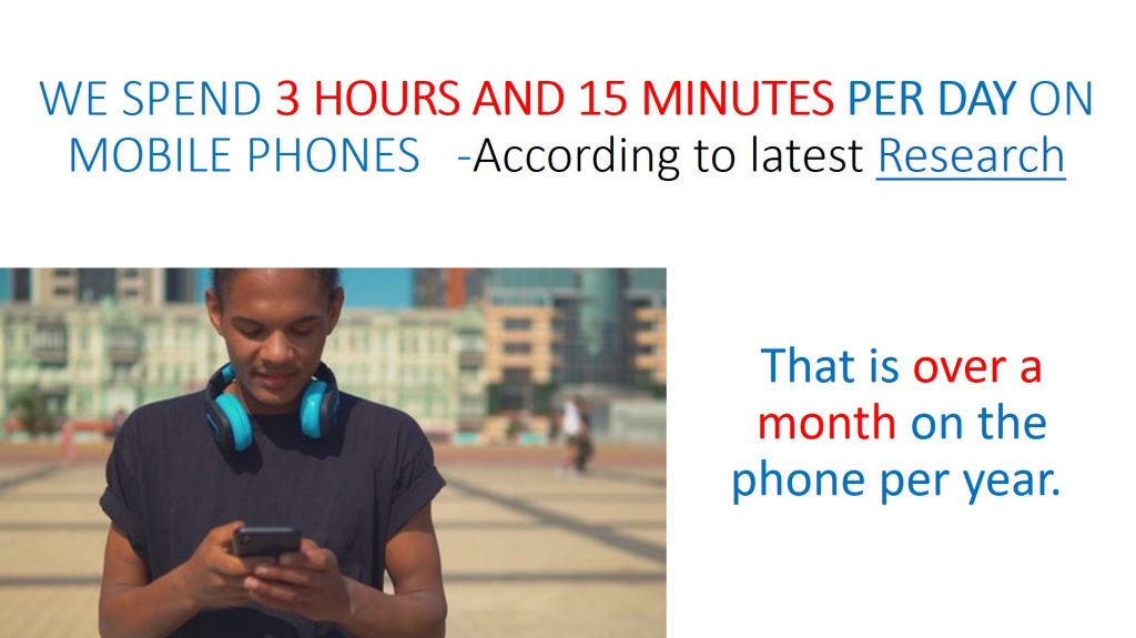 Time spent on mobile devices per day is 3 hours, 15 minutes. That is over a month on the phone per year.